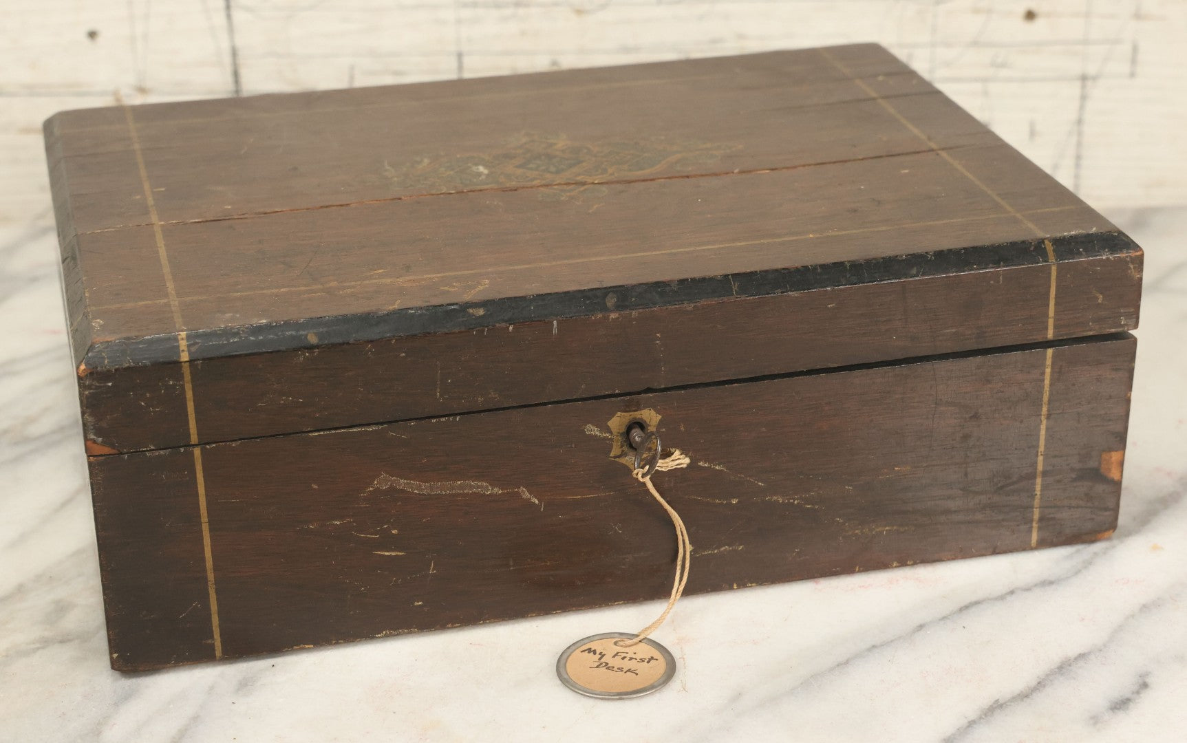 Lot 045 - Antique Lift Top Writing Lap Desk With Interior Compartments, Purple Felt, Decorated, With Key, Belonged To David H.M. Gillespie, With Calling Cards Inside From Will H. Gillespie, As Found