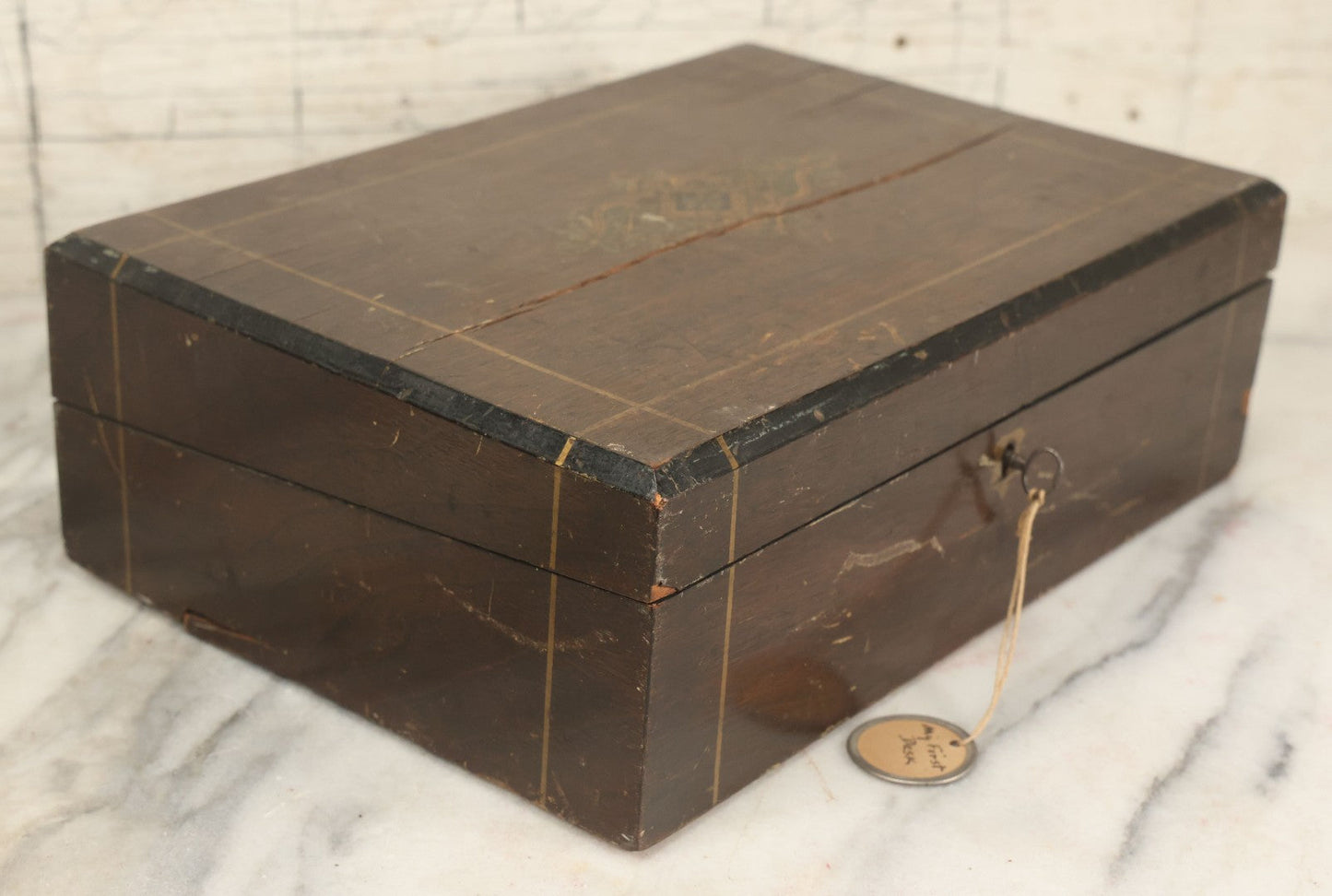 Lot 045 - Antique Lift Top Writing Lap Desk With Interior Compartments, Purple Felt, Decorated, With Key, Belonged To David H.M. Gillespie, With Calling Cards Inside From Will H. Gillespie, As Found