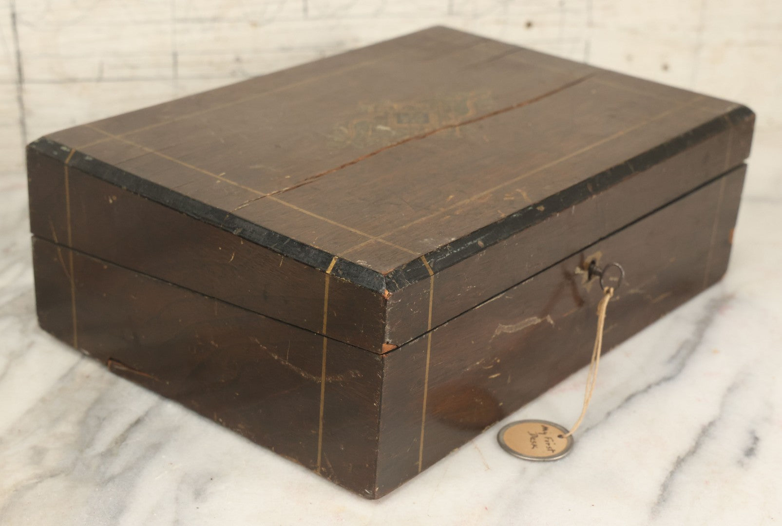 Lot 045 - Antique Lift Top Writing Lap Desk With Interior Compartments, Purple Felt, Decorated, With Key, Belonged To David H.M. Gillespie, With Calling Cards Inside From Will H. Gillespie, As Found