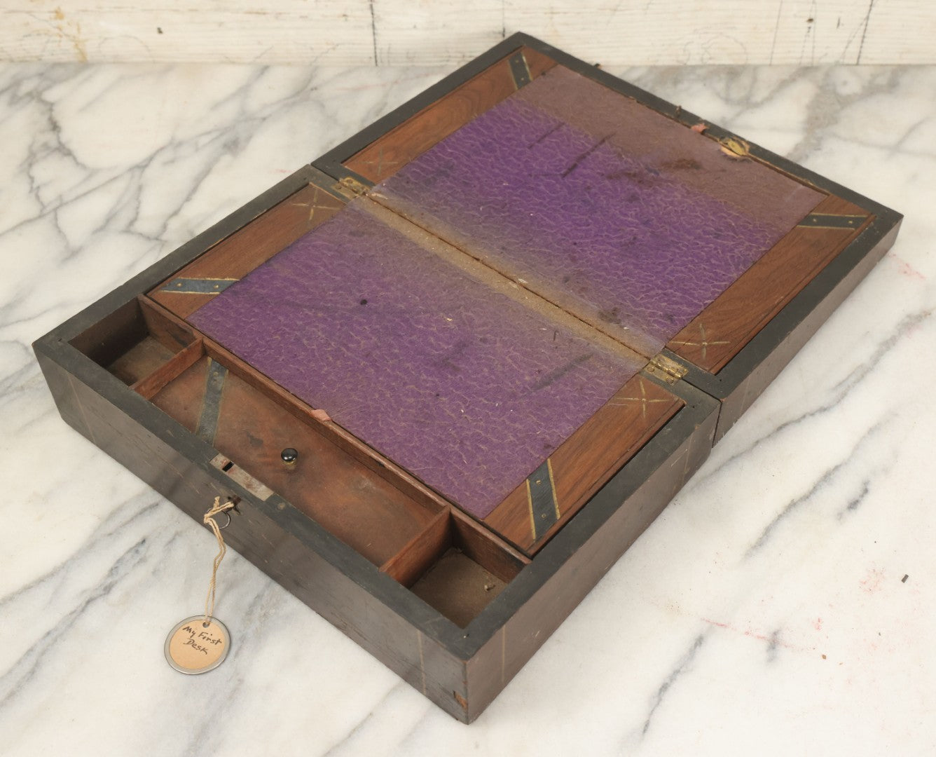 Lot 045 - Antique Lift Top Writing Lap Desk With Interior Compartments, Purple Felt, Decorated, With Key, Belonged To David H.M. Gillespie, With Calling Cards Inside From Will H. Gillespie, As Found
