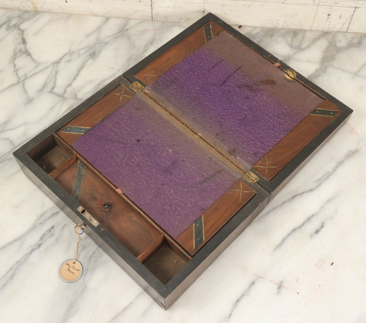 Lot 045 - Antique Lift Top Writing Lap Desk With Interior Compartments, Purple Felt, Decorated, With Key, Belonged To David H.M. Gillespie, With Calling Cards Inside From Will H. Gillespie, As Found