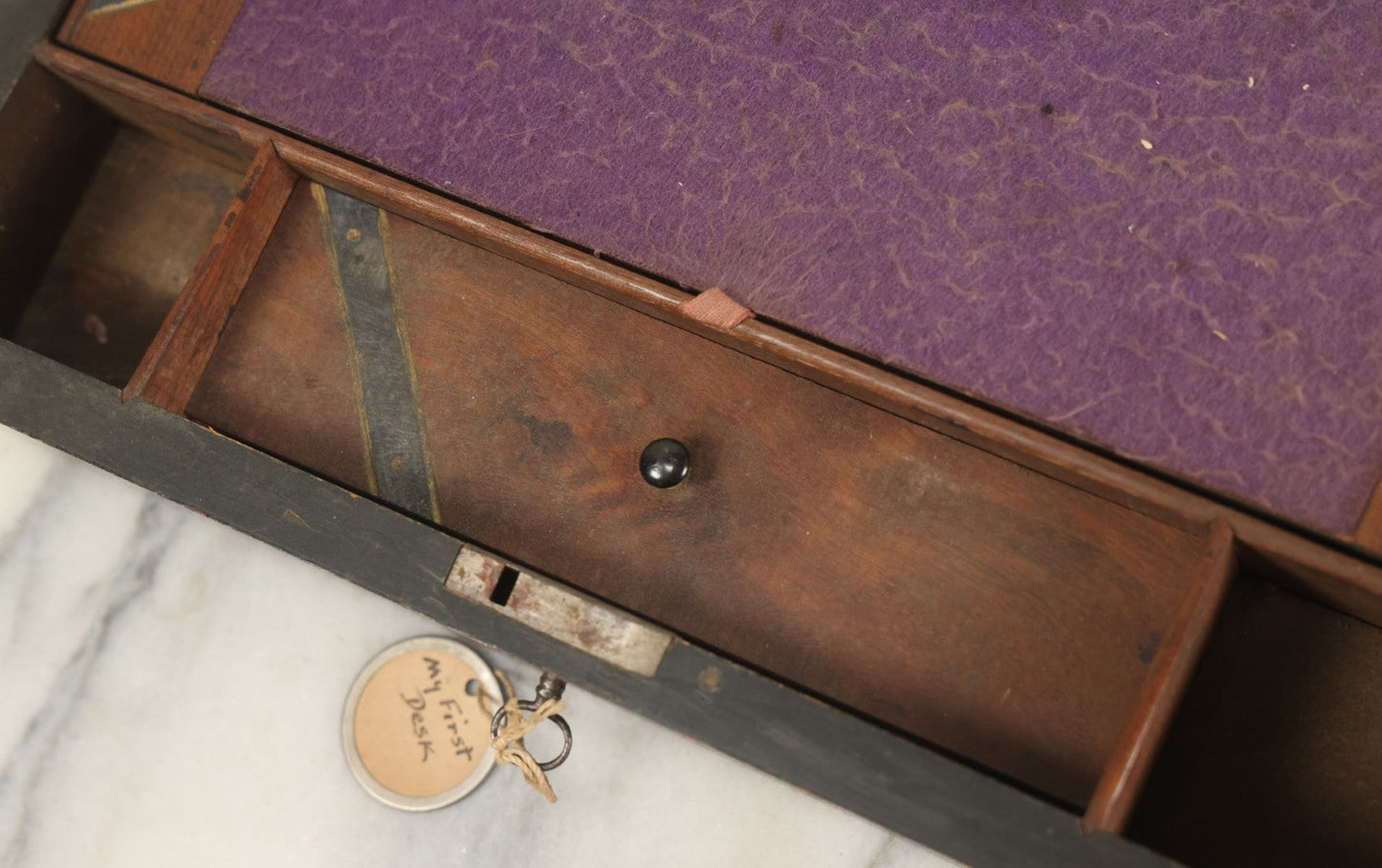 Lot 045 - Antique Lift Top Writing Lap Desk With Interior Compartments, Purple Felt, Decorated, With Key, Belonged To David H.M. Gillespie, With Calling Cards Inside From Will H. Gillespie, As Found