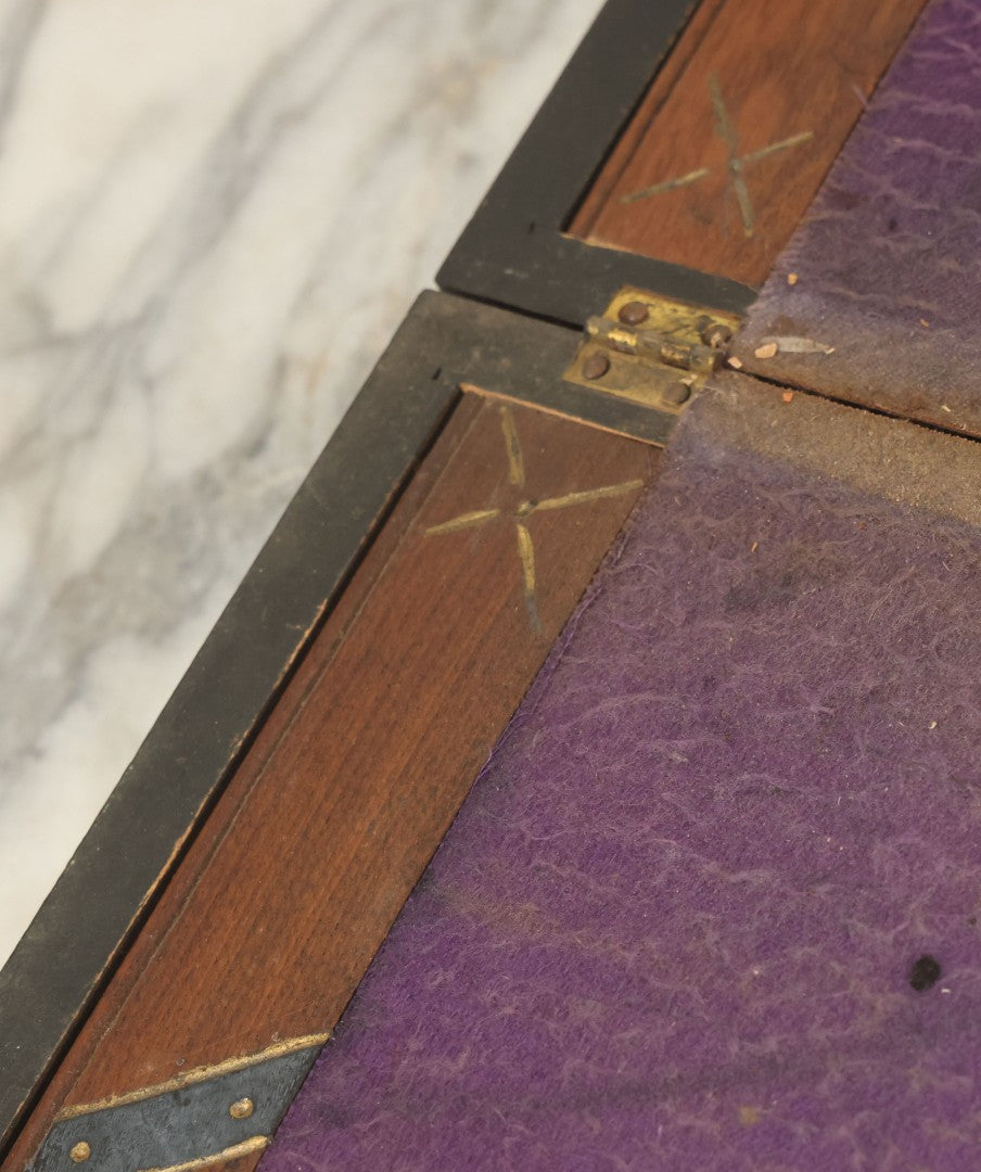 Lot 045 - Antique Lift Top Writing Lap Desk With Interior Compartments, Purple Felt, Decorated, With Key, Belonged To David H.M. Gillespie, With Calling Cards Inside From Will H. Gillespie, As Found