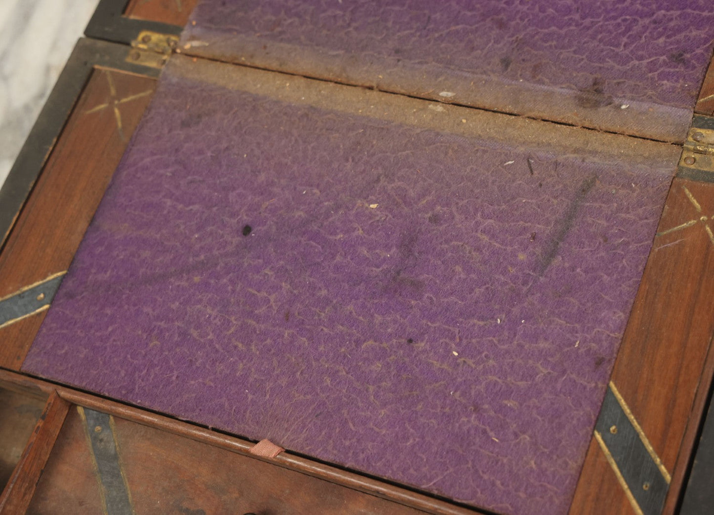 Lot 045 - Antique Lift Top Writing Lap Desk With Interior Compartments, Purple Felt, Decorated, With Key, Belonged To David H.M. Gillespie, With Calling Cards Inside From Will H. Gillespie, As Found