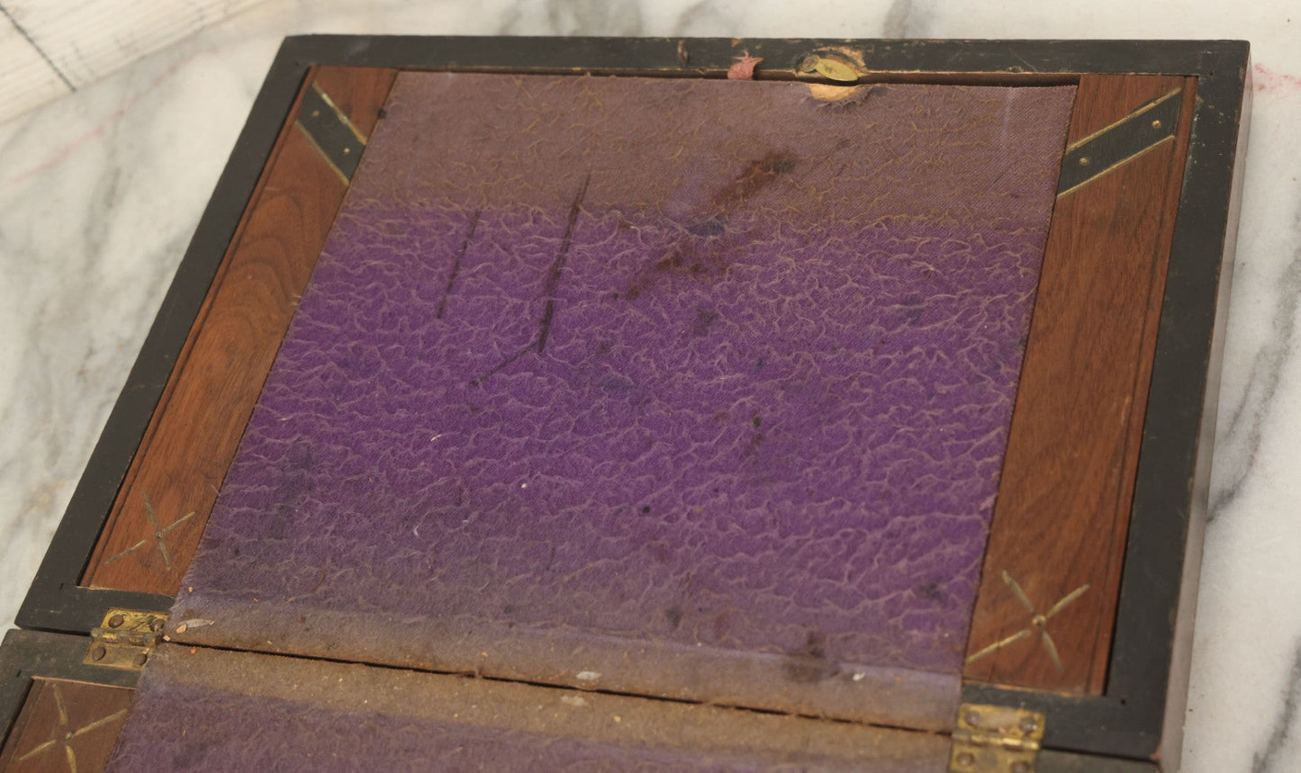 Lot 045 - Antique Lift Top Writing Lap Desk With Interior Compartments, Purple Felt, Decorated, With Key, Belonged To David H.M. Gillespie, With Calling Cards Inside From Will H. Gillespie, As Found