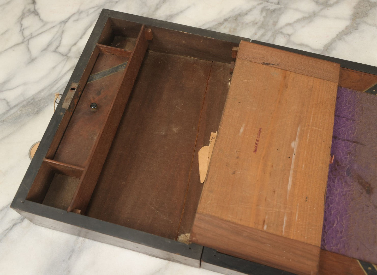 Lot 045 - Antique Lift Top Writing Lap Desk With Interior Compartments, Purple Felt, Decorated, With Key, Belonged To David H.M. Gillespie, With Calling Cards Inside From Will H. Gillespie, As Found