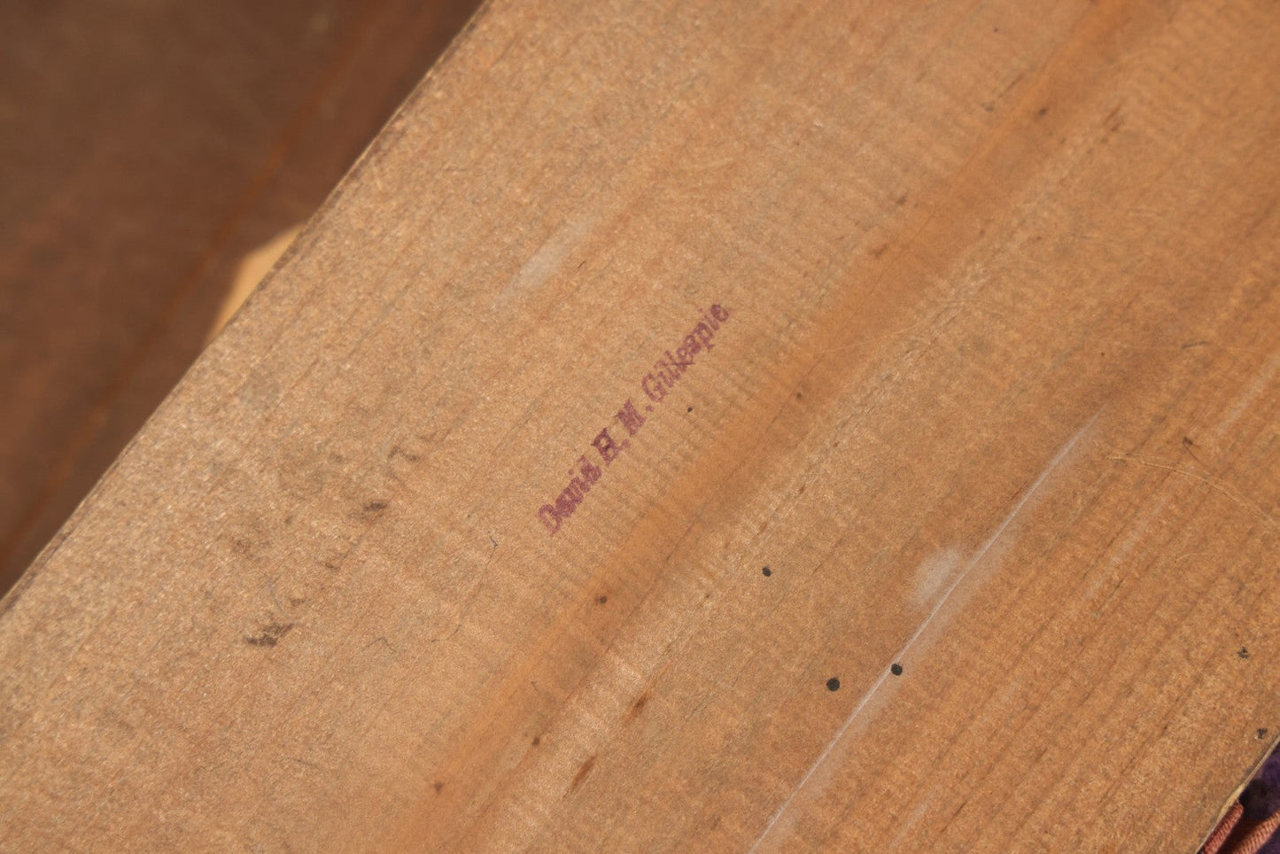 Lot 045 - Antique Lift Top Writing Lap Desk With Interior Compartments, Purple Felt, Decorated, With Key, Belonged To David H.M. Gillespie, With Calling Cards Inside From Will H. Gillespie, As Found