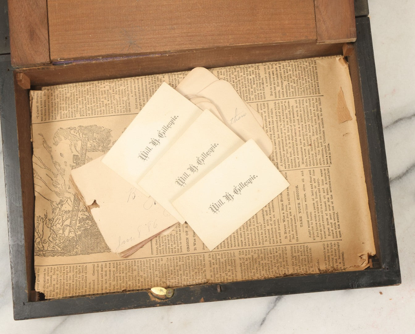 Lot 045 - Antique Lift Top Writing Lap Desk With Interior Compartments, Purple Felt, Decorated, With Key, Belonged To David H.M. Gillespie, With Calling Cards Inside From Will H. Gillespie, As Found