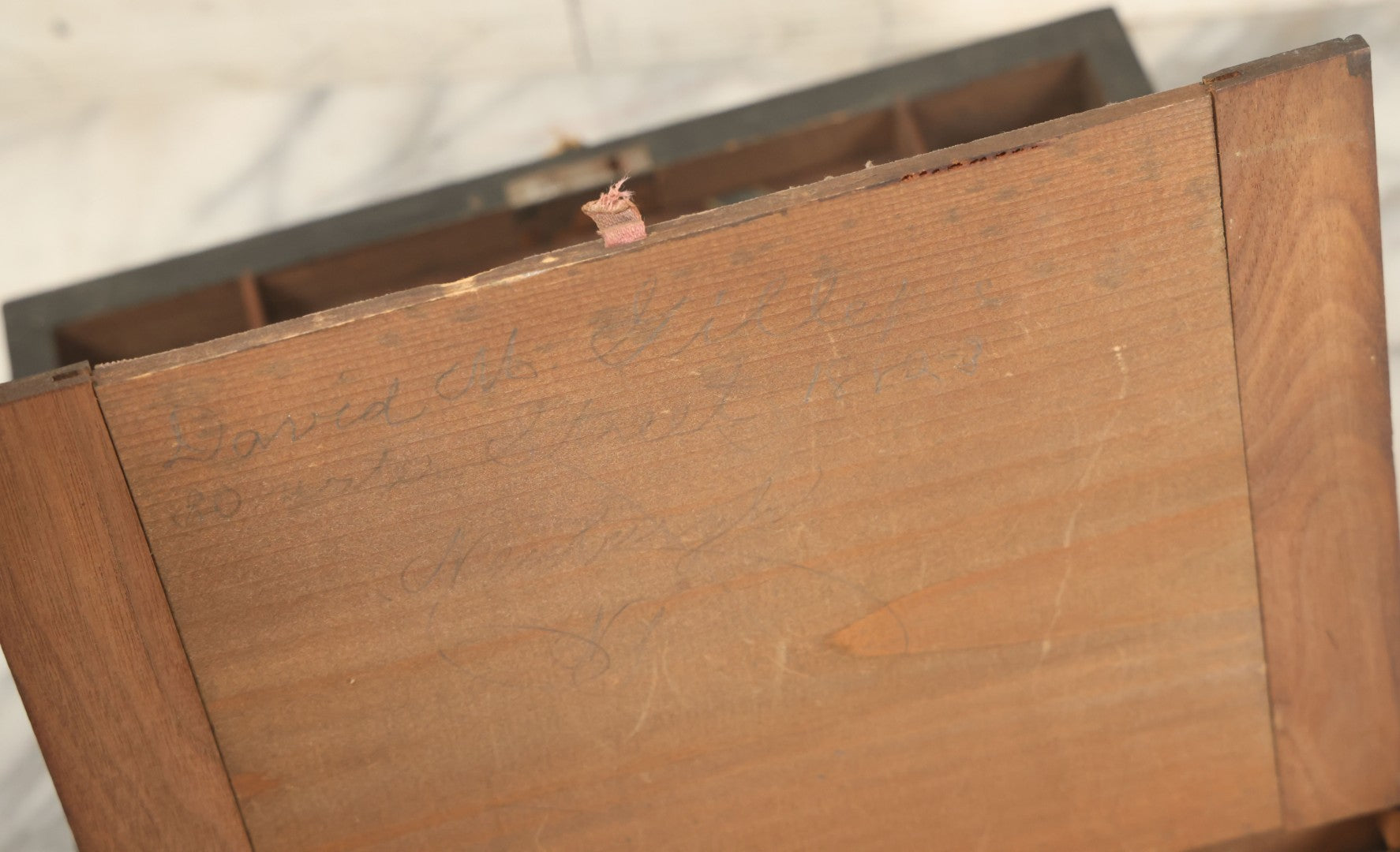 Lot 045 - Antique Lift Top Writing Lap Desk With Interior Compartments, Purple Felt, Decorated, With Key, Belonged To David H.M. Gillespie, With Calling Cards Inside From Will H. Gillespie, As Found