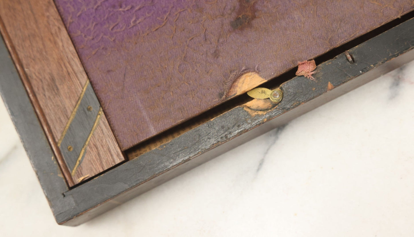 Lot 045 - Antique Lift Top Writing Lap Desk With Interior Compartments, Purple Felt, Decorated, With Key, Belonged To David H.M. Gillespie, With Calling Cards Inside From Will H. Gillespie, As Found