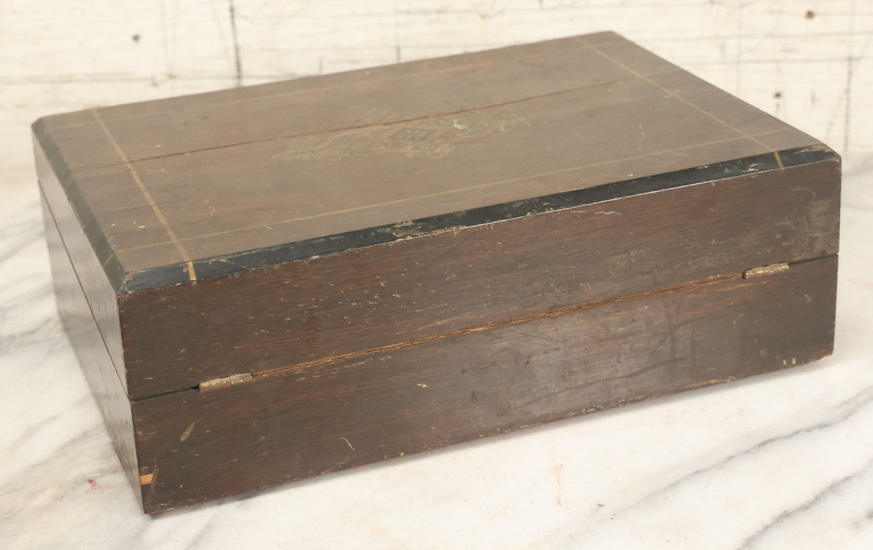 Lot 045 - Antique Lift Top Writing Lap Desk With Interior Compartments, Purple Felt, Decorated, With Key, Belonged To David H.M. Gillespie, With Calling Cards Inside From Will H. Gillespie, As Found