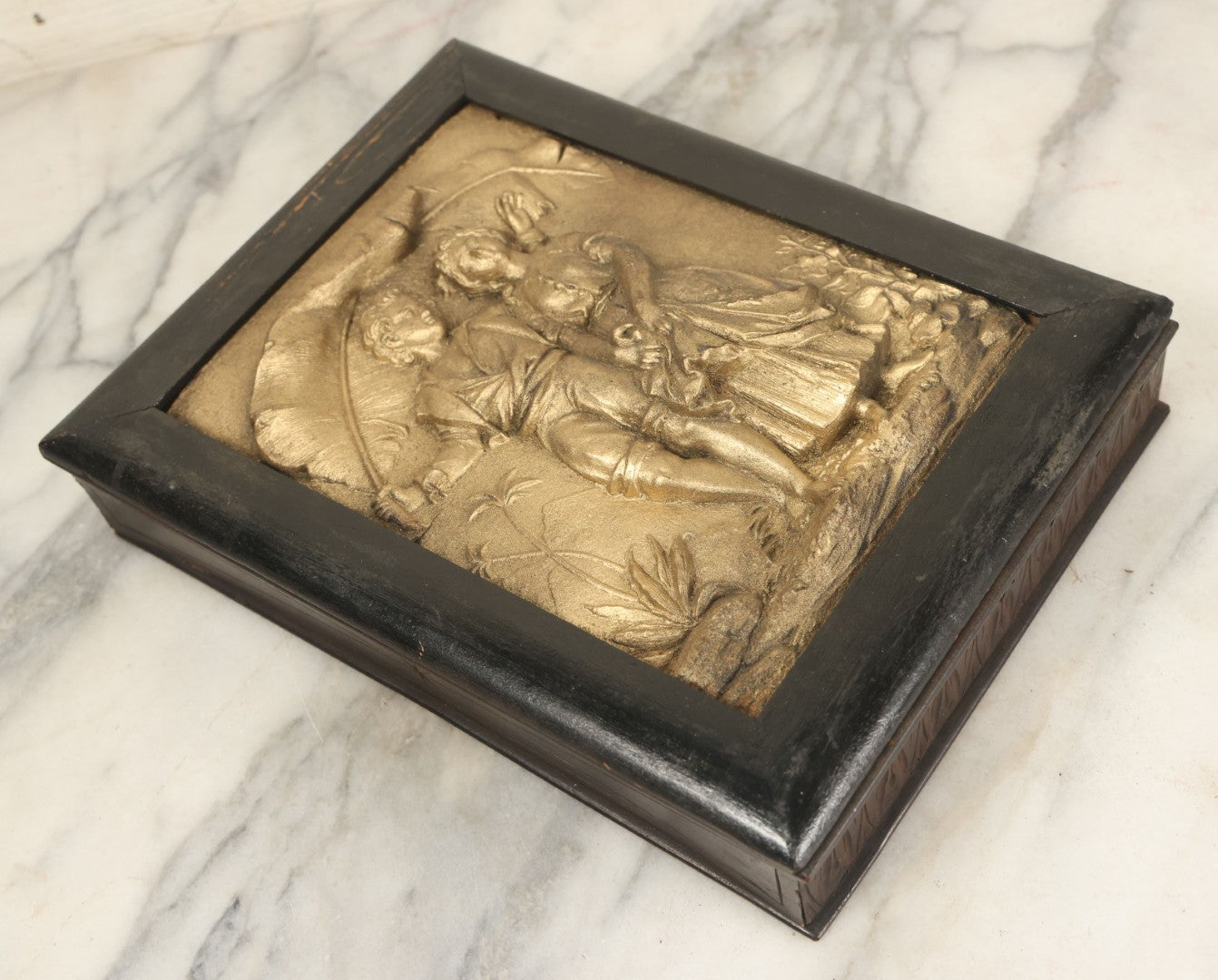 Lot 046 - Antique Wooden Box With Molded Decorative Relief Lid With Children, Decorated Sides, Hinged Lid, Note Modern Hardware