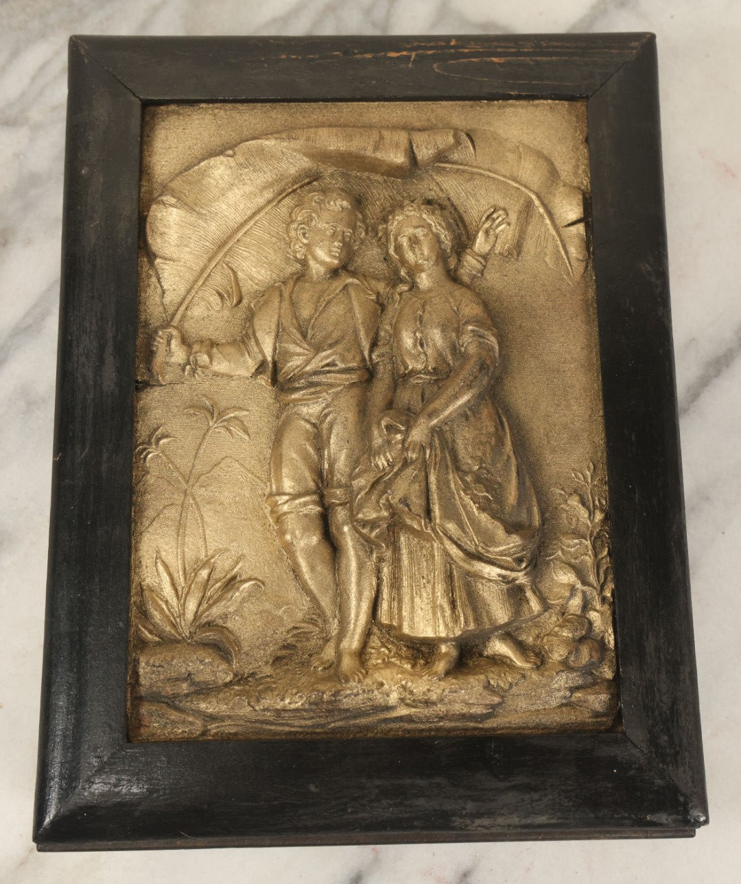 Lot 046 - Antique Wooden Box With Molded Decorative Relief Lid With Children, Decorated Sides, Hinged Lid, Note Modern Hardware