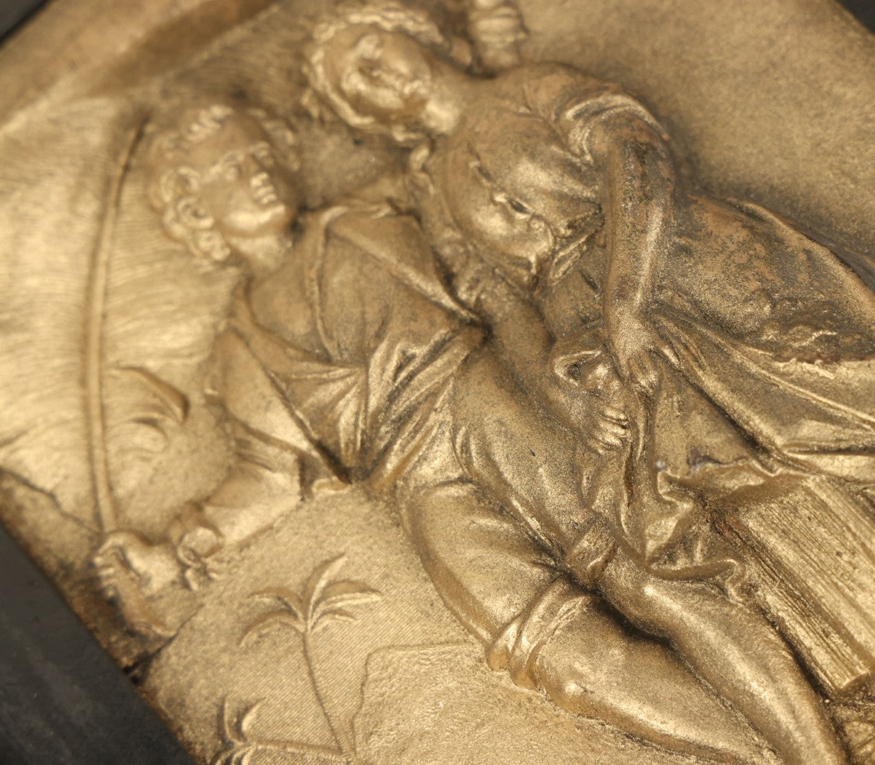 Lot 046 - Antique Wooden Box With Molded Decorative Relief Lid With Children, Decorated Sides, Hinged Lid, Note Modern Hardware