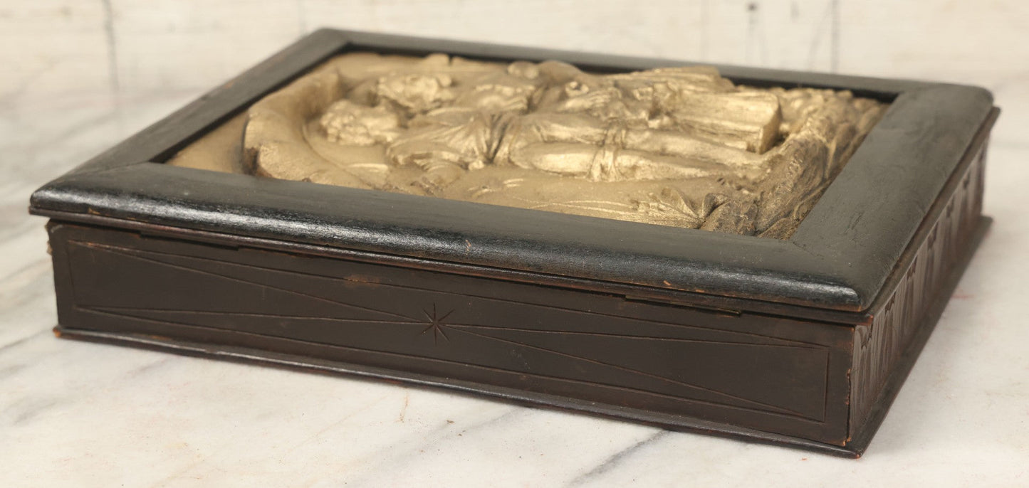 Lot 046 - Antique Wooden Box With Molded Decorative Relief Lid With Children, Decorated Sides, Hinged Lid, Note Modern Hardware