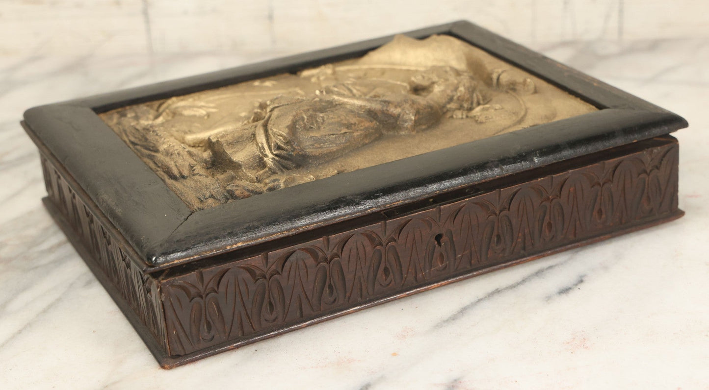 Lot 046 - Antique Wooden Box With Molded Decorative Relief Lid With Children, Decorated Sides, Hinged Lid, Note Modern Hardware