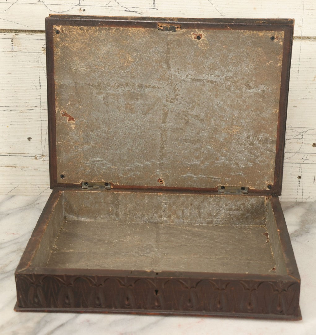 Lot 046 - Antique Wooden Box With Molded Decorative Relief Lid With Children, Decorated Sides, Hinged Lid, Note Modern Hardware