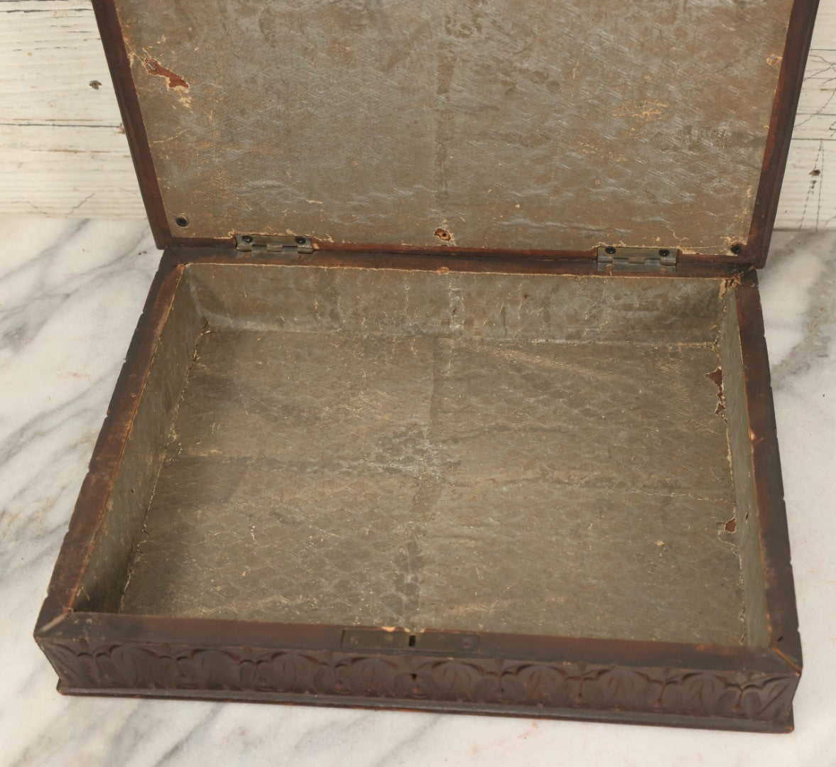 Lot 046 - Antique Wooden Box With Molded Decorative Relief Lid With Children, Decorated Sides, Hinged Lid, Note Modern Hardware