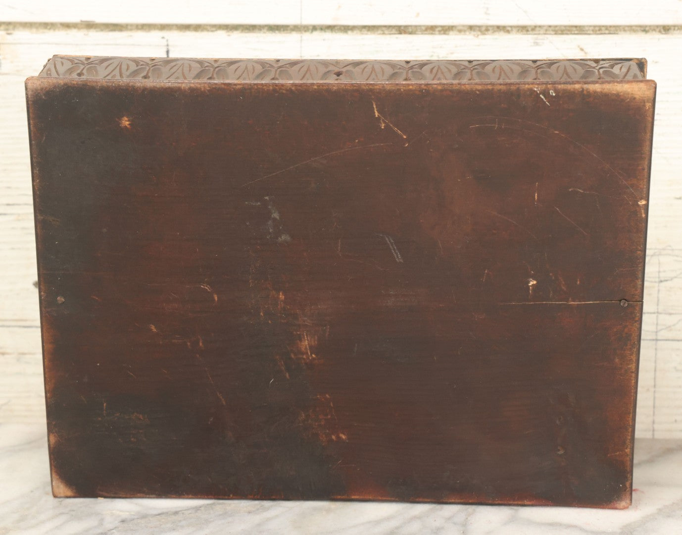 Lot 046 - Antique Wooden Box With Molded Decorative Relief Lid With Children, Decorated Sides, Hinged Lid, Note Modern Hardware