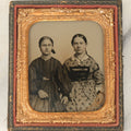 Lot 053 - Antique 1/6th Plate Ambrotype Photograph Of Two Young Women, Likely Sisters, With Linked Hands, Note Wear In Lower Right Corner, In Half Leatherette Case