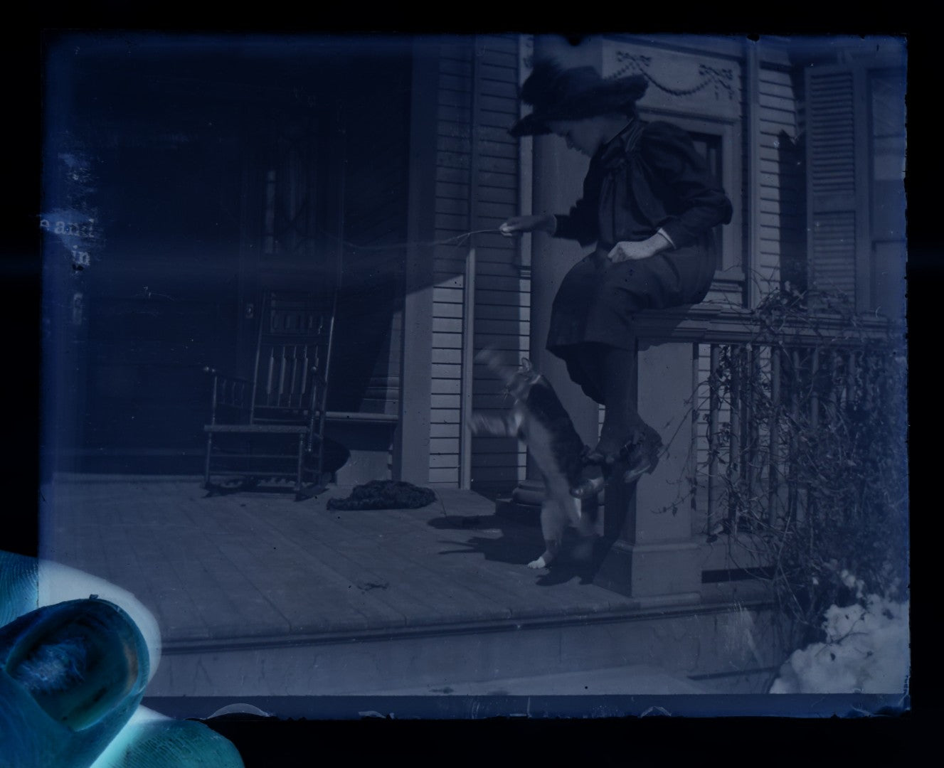 Lot 064 - Single Antique Glass Negative Plate, Little Girl Playing With Cat On Porch (First Photo Is Inverted)