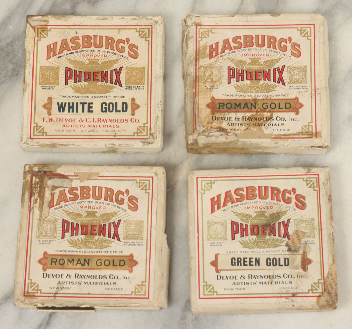 Lot 076 - Grouping Of Four Boxes Of Hasburg's Gold Paint, As Found, Note Wear, Losses, Dried, By Devoe & Reynolds Co. Inc, Artists Materials, New York, Chicago