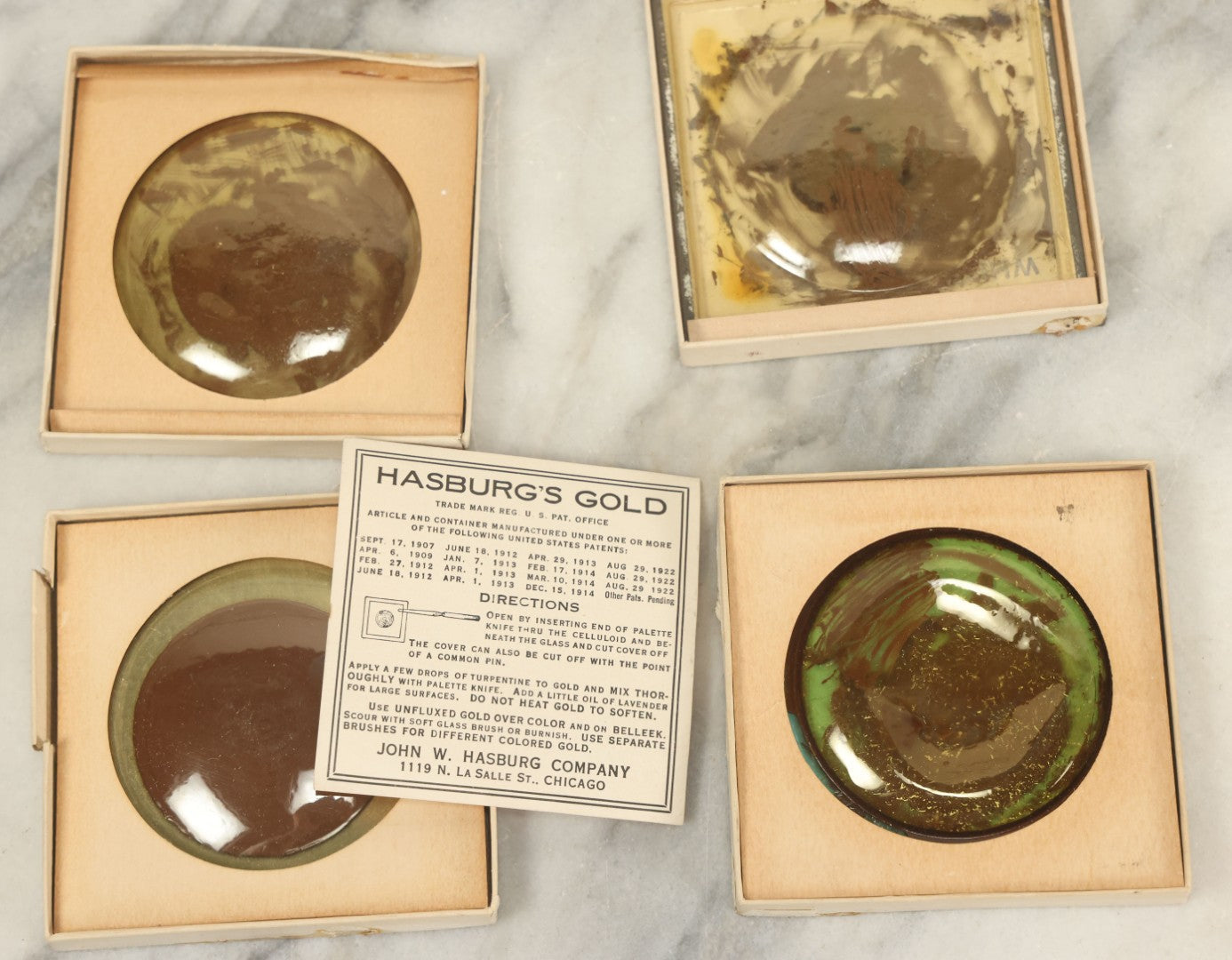 Lot 076 - Grouping Of Four Boxes Of Hasburg's Gold Paint, As Found, Note Wear, Losses, Dried, By Devoe & Reynolds Co. Inc, Artists Materials, New York, Chicago