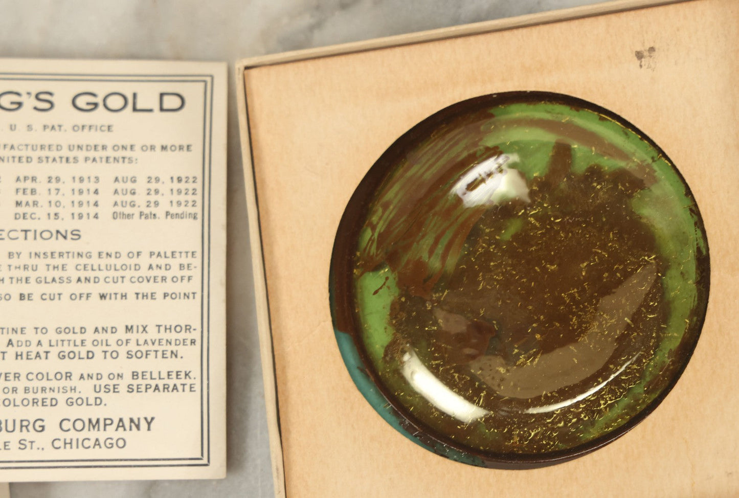 Lot 076 - Grouping Of Four Boxes Of Hasburg's Gold Paint, As Found, Note Wear, Losses, Dried, By Devoe & Reynolds Co. Inc, Artists Materials, New York, Chicago