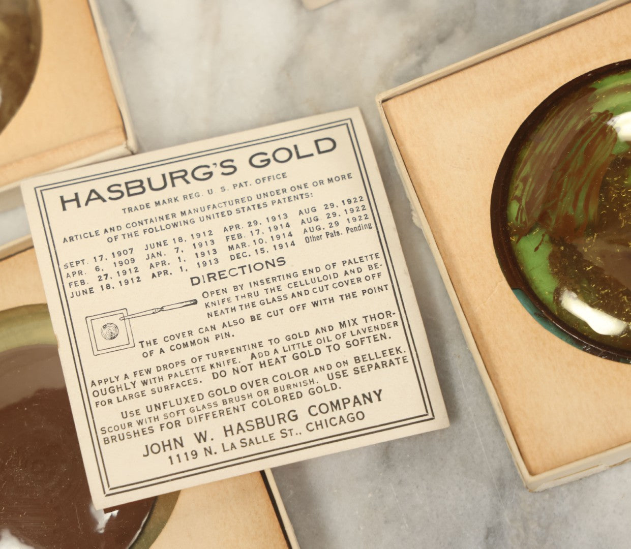 Lot 076 - Grouping Of Four Boxes Of Hasburg's Gold Paint, As Found, Note Wear, Losses, Dried, By Devoe & Reynolds Co. Inc, Artists Materials, New York, Chicago