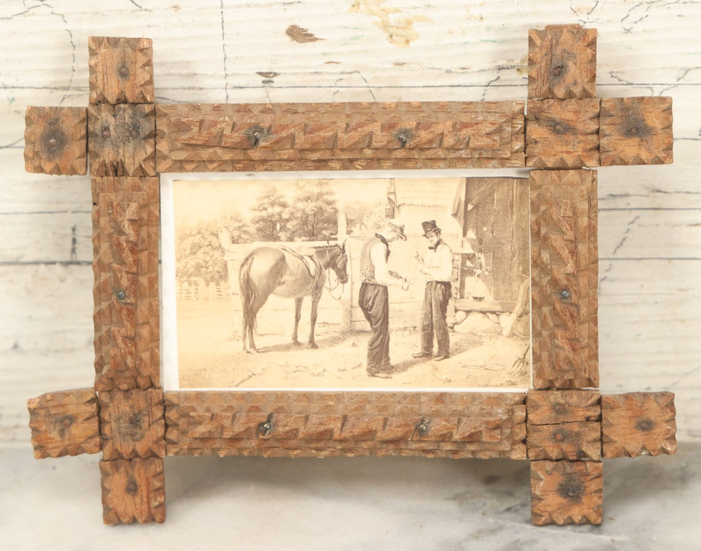 Lot 084 - Antique Folk Art Tramp Art Handmade Miniature Frame With "The Horse Trade" Antique Carte De Visite C.D.V. Illustrated Album Filler Card
