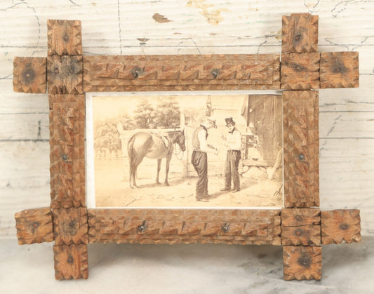 Lot 084 - Antique Folk Art Tramp Art Handmade Miniature Frame With "The Horse Trade" Antique Carte De Visite C.D.V. Illustrated Album Filler Card