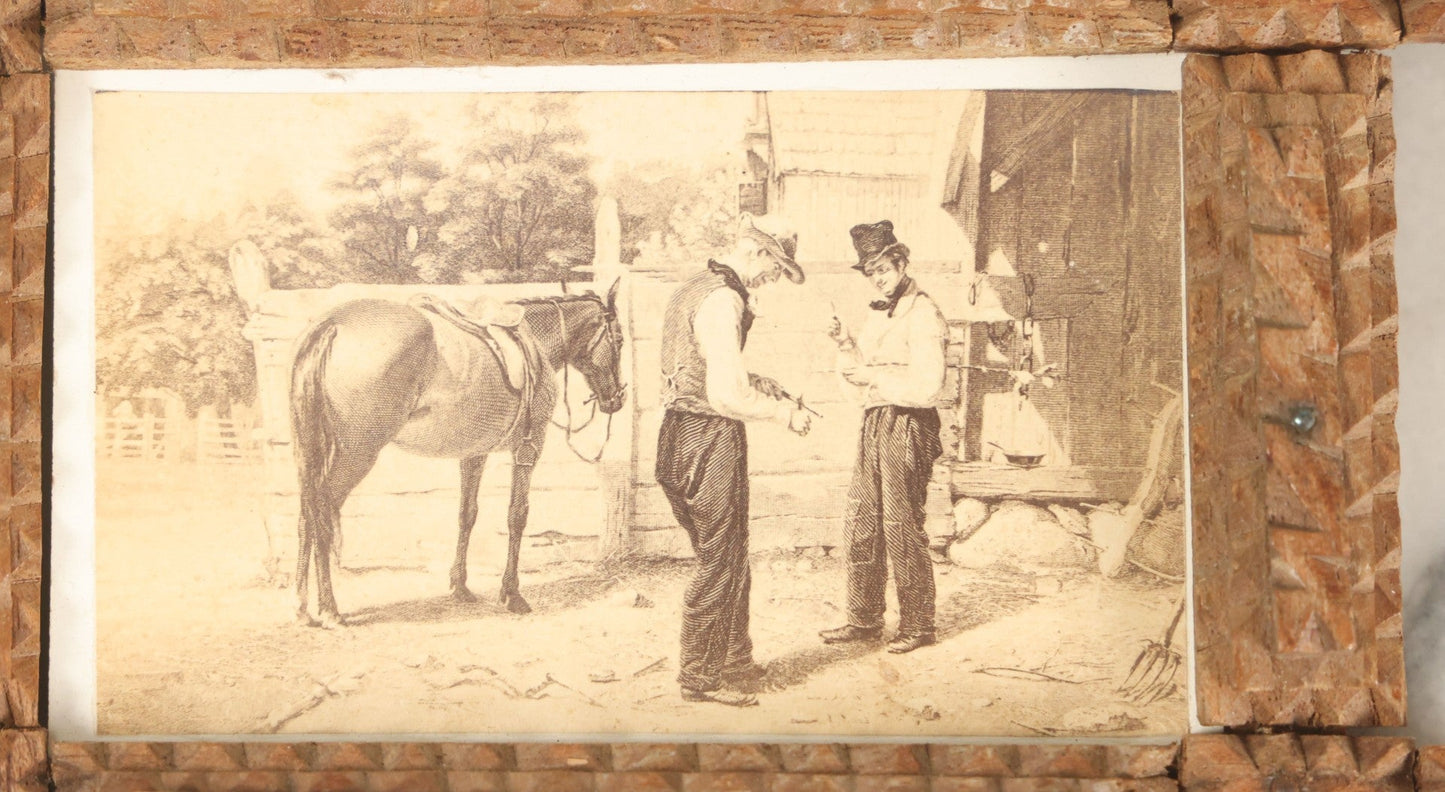 Lot 084 - Antique Folk Art Tramp Art Handmade Miniature Frame With "The Horse Trade" Antique Carte De Visite C.D.V. Illustrated Album Filler Card