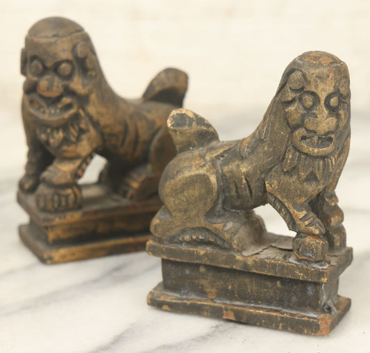 Lot 085 - Pair Of Vintage Carved Wood Foo Dog Like Creatures, Unknown Origin, Amateurish Carving