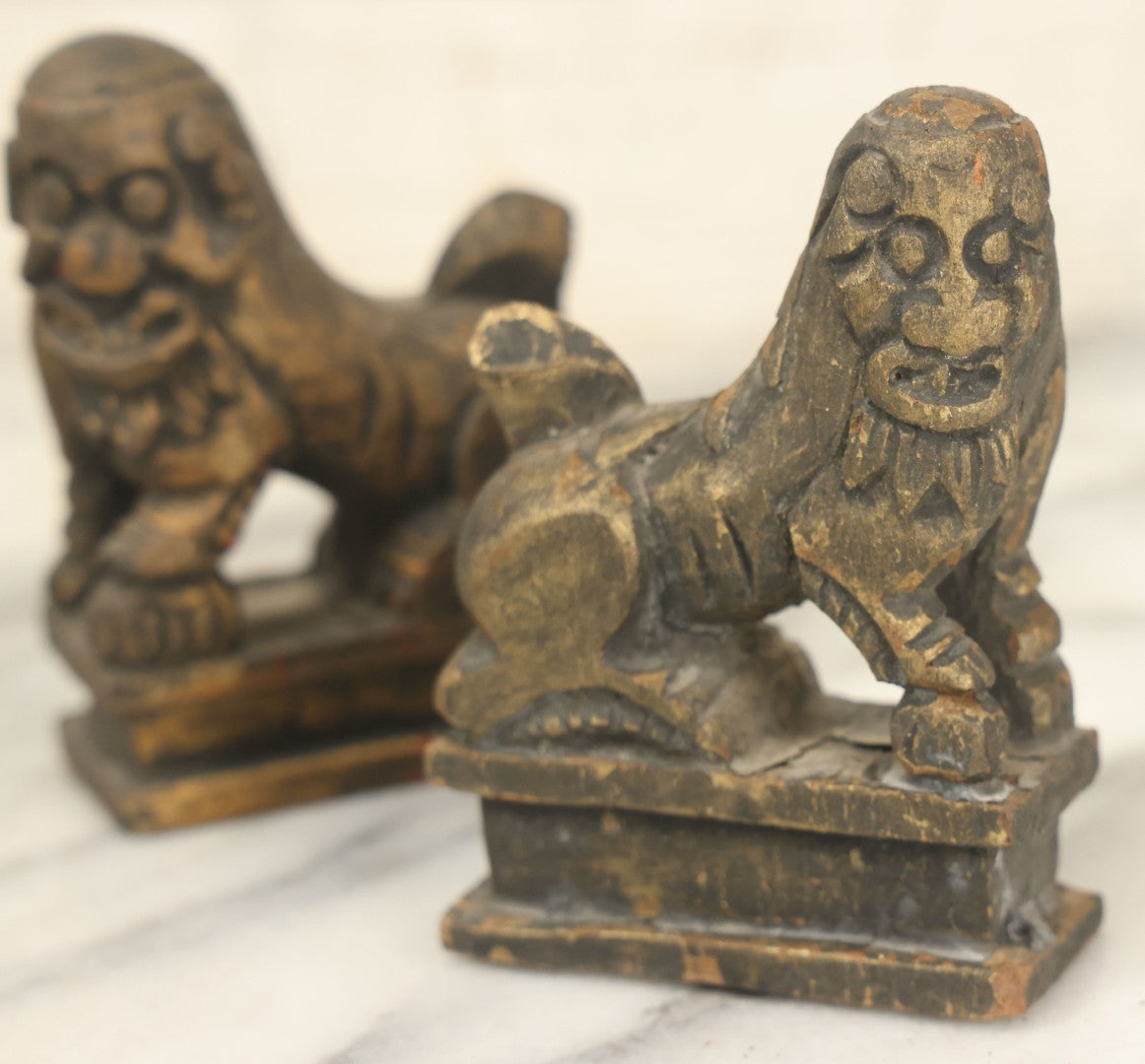 Lot 085 - Pair Of Vintage Carved Wood Foo Dog Like Creatures, Unknown Origin, Amateurish Carving