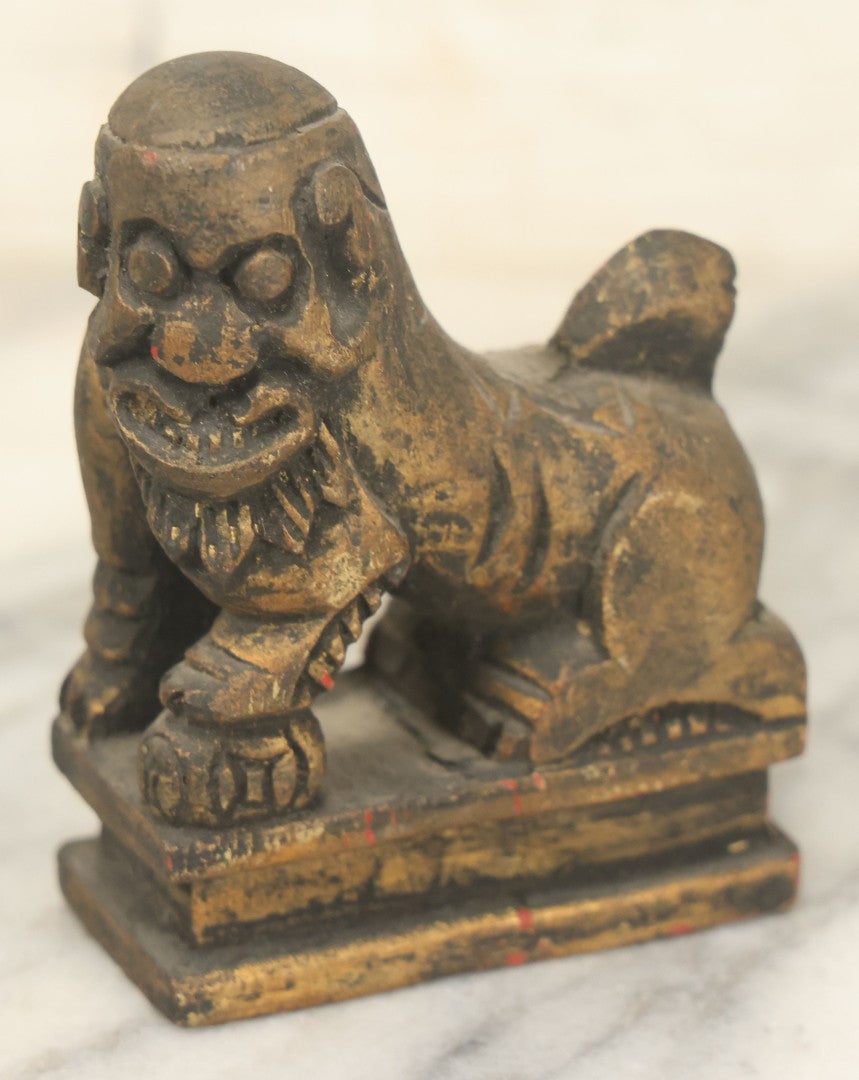 Lot 085 - Pair Of Vintage Carved Wood Foo Dog Like Creatures, Unknown Origin, Amateurish Carving
