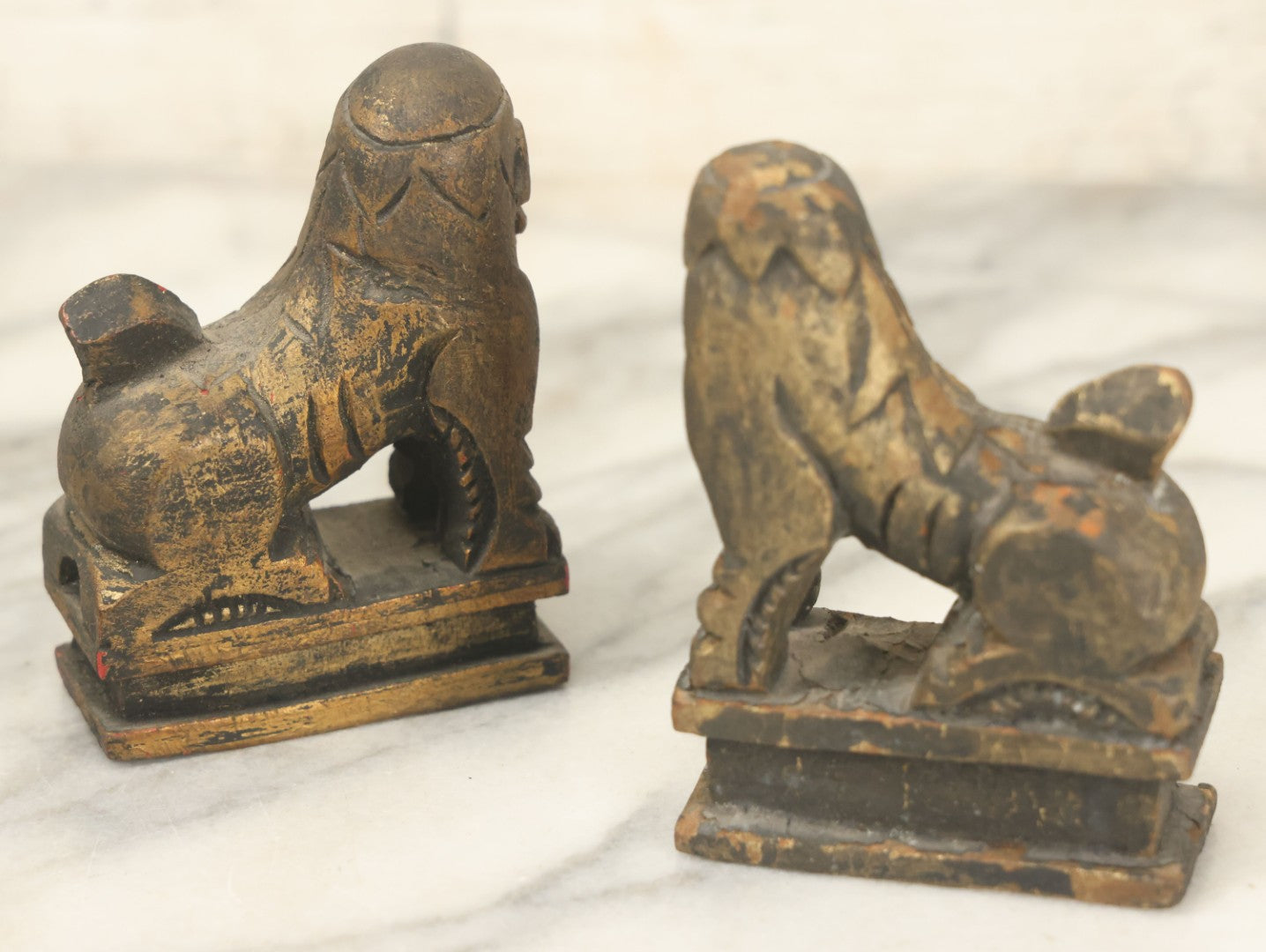 Lot 085 - Pair Of Vintage Carved Wood Foo Dog Like Creatures, Unknown Origin, Amateurish Carving