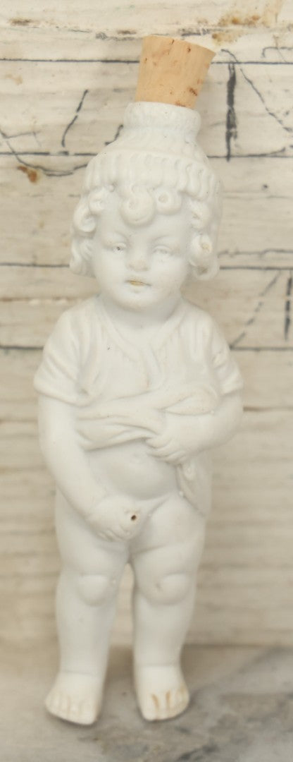 Lot 086 - Antique Bisque Peeing Little Boy Cherub Mini Bottle, Brussels Boy, Made In Germany, With Cork