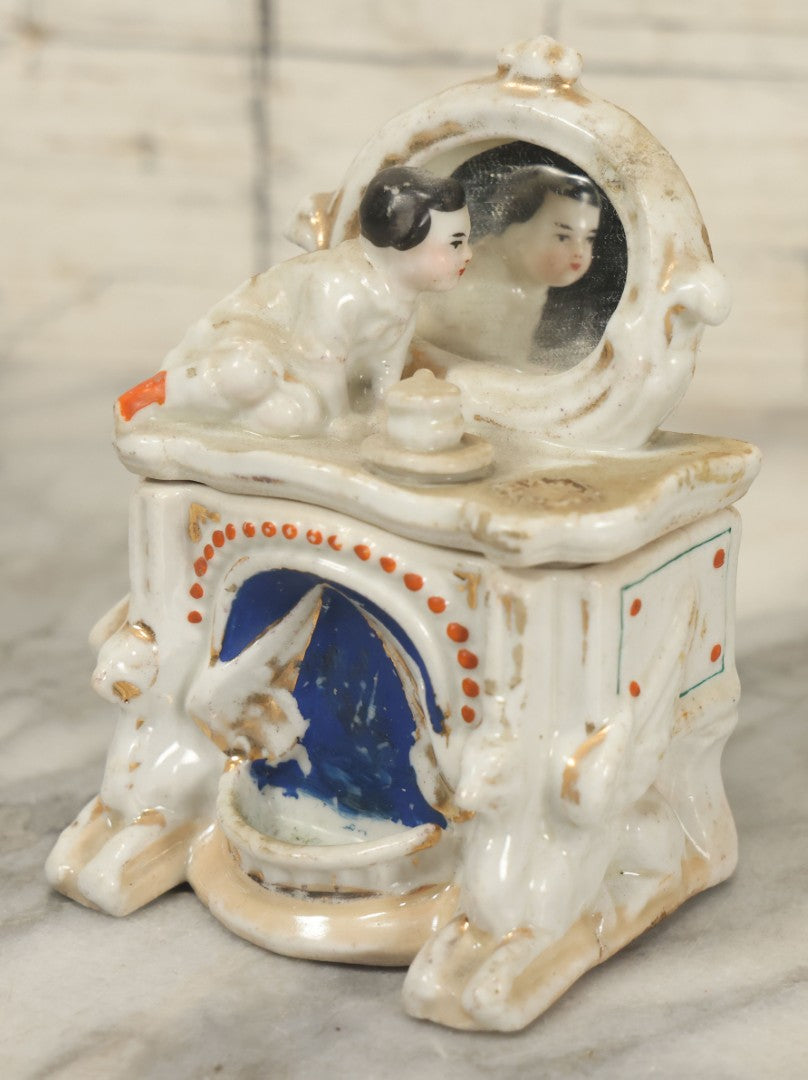 Lot 087 - Antique Porcelain Mini Box With Little Boy On Mantle With Mirror, Griffin Surrounds, Note Loss, Wear, Staining