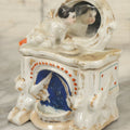 Lot 087 - Antique Porcelain Mini Box With Little Boy On Mantle With Mirror, Griffin Surrounds, Note Loss, Wear, Staining