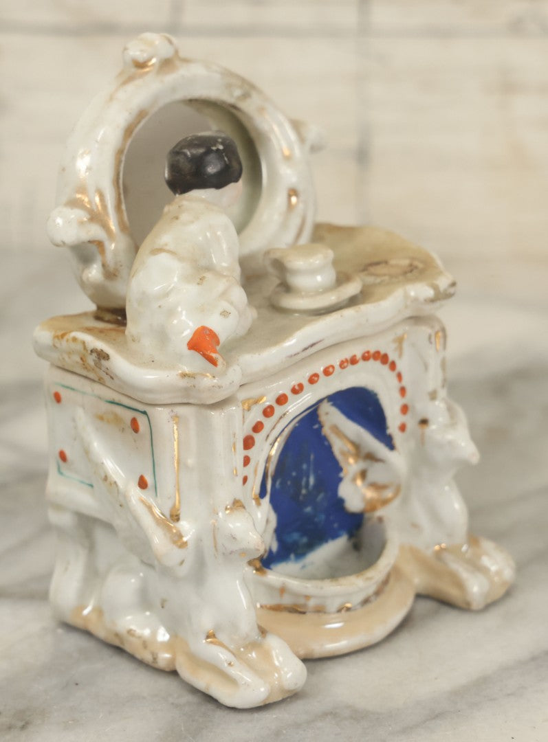Lot 087 - Antique Porcelain Mini Box With Little Boy On Mantle With Mirror, Griffin Surrounds, Note Loss, Wear, Staining