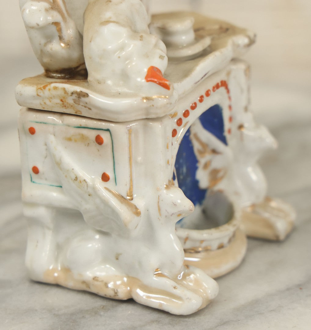 Lot 087 - Antique Porcelain Mini Box With Little Boy On Mantle With Mirror, Griffin Surrounds, Note Loss, Wear, Staining