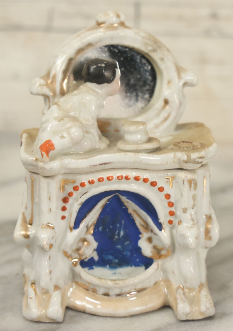 Lot 087 - Antique Porcelain Mini Box With Little Boy On Mantle With Mirror, Griffin Surrounds, Note Loss, Wear, Staining