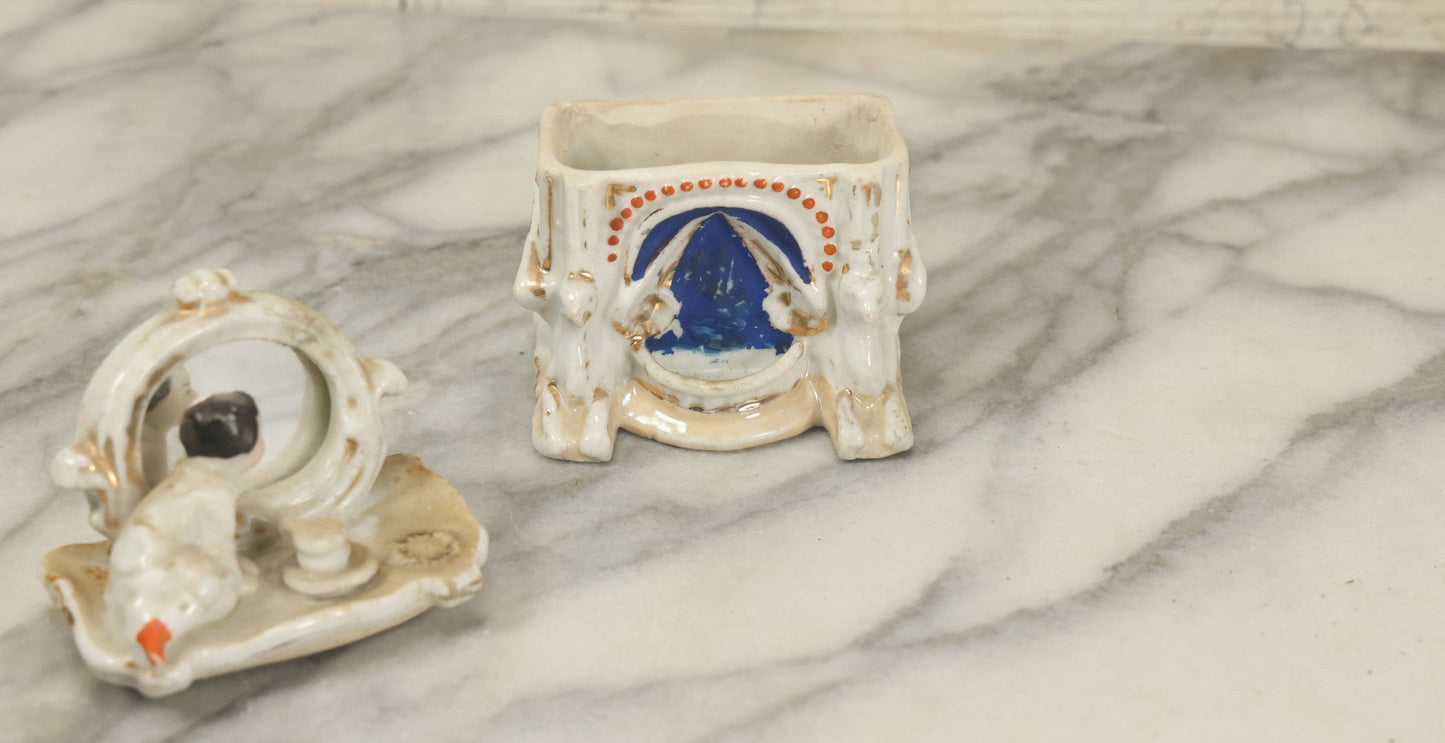 Lot 087 - Antique Porcelain Mini Box With Little Boy On Mantle With Mirror, Griffin Surrounds, Note Loss, Wear, Staining