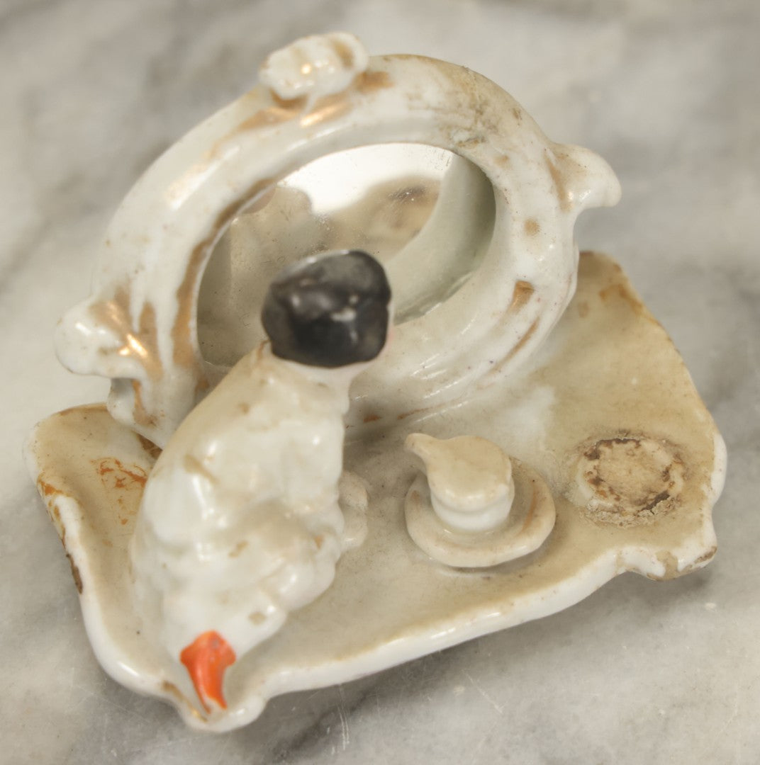 Lot 087 - Antique Porcelain Mini Box With Little Boy On Mantle With Mirror, Griffin Surrounds, Note Loss, Wear, Staining