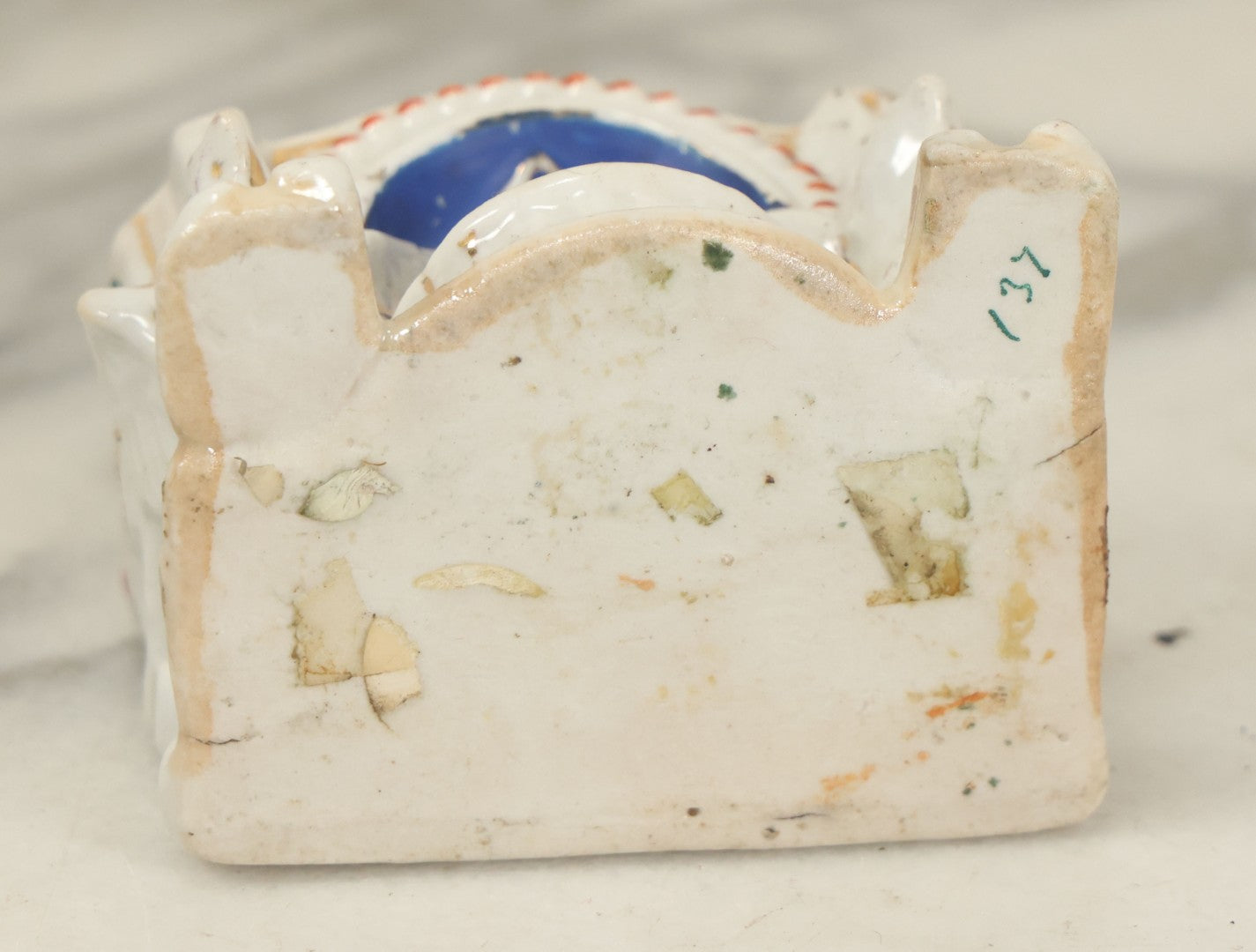 Lot 087 - Antique Porcelain Mini Box With Little Boy On Mantle With Mirror, Griffin Surrounds, Note Loss, Wear, Staining