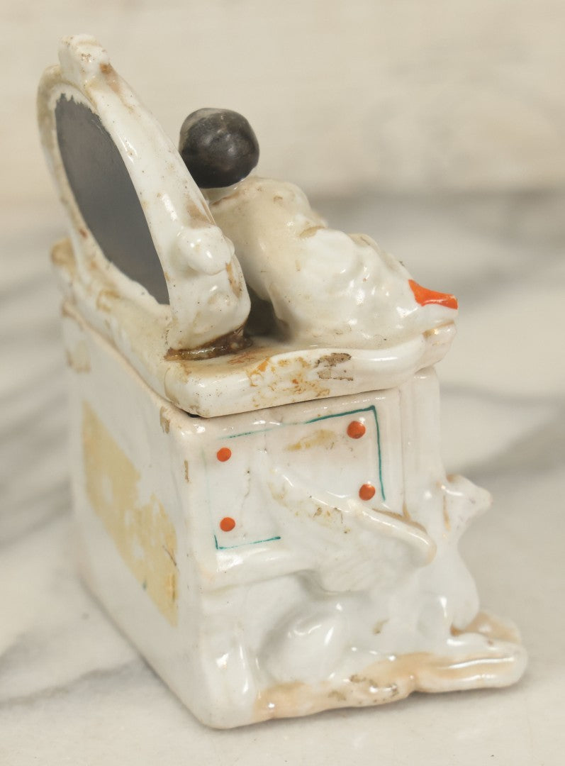 Lot 087 - Antique Porcelain Mini Box With Little Boy On Mantle With Mirror, Griffin Surrounds, Note Loss, Wear, Staining