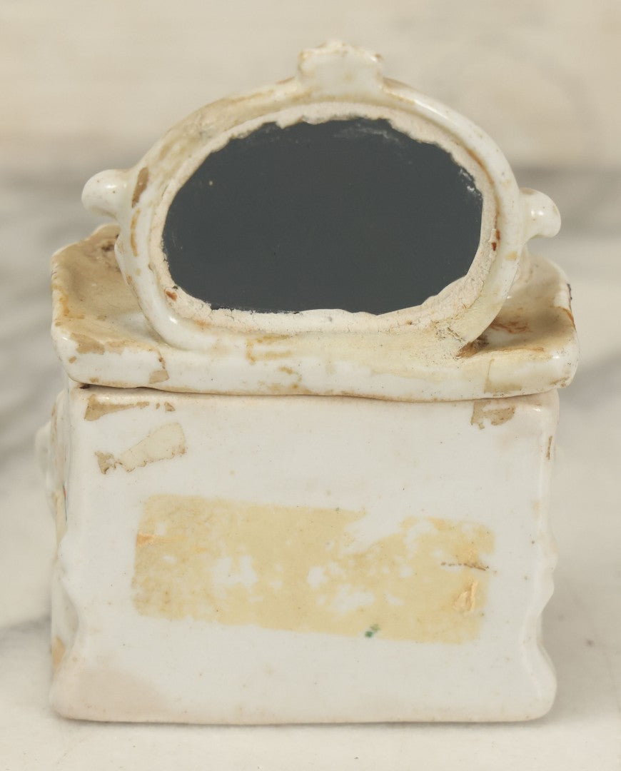 Lot 087 - Antique Porcelain Mini Box With Little Boy On Mantle With Mirror, Griffin Surrounds, Note Loss, Wear, Staining