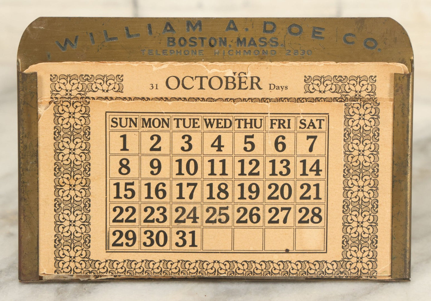 Lot 088 - Antique Perpetual Calendar Advertisement For William A. Doe Company, Boston Massachusetts, With Paper Inserts