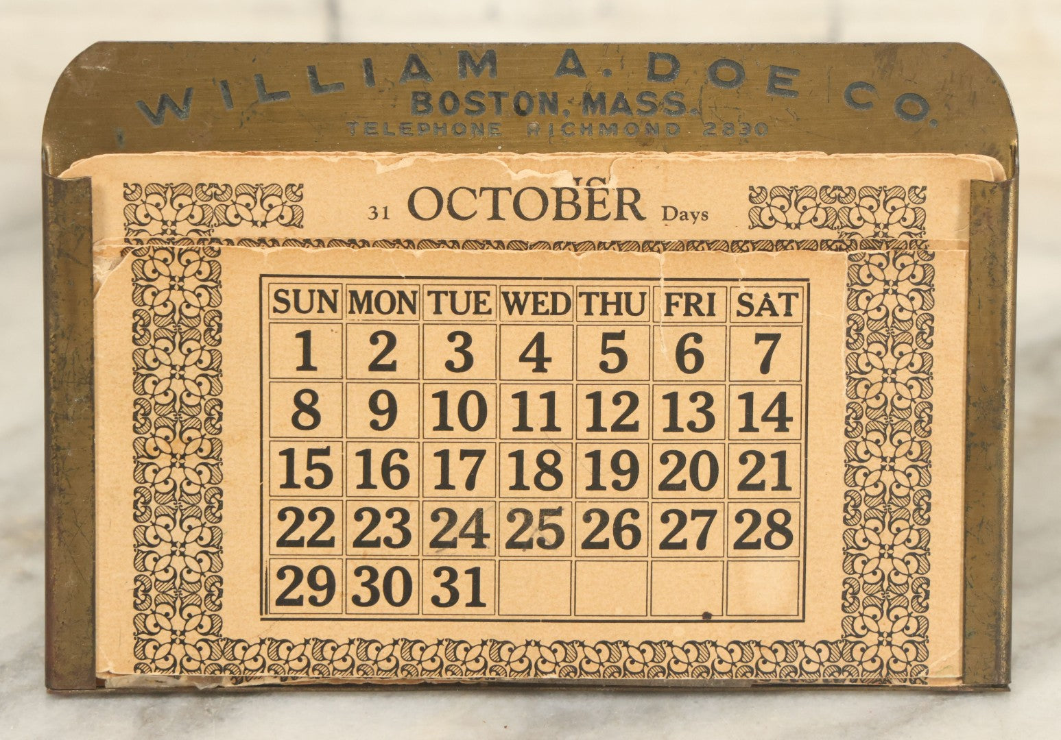 Lot 088 - Antique Perpetual Calendar Advertisement For William A. Doe Company, Boston Massachusetts, With Paper Inserts