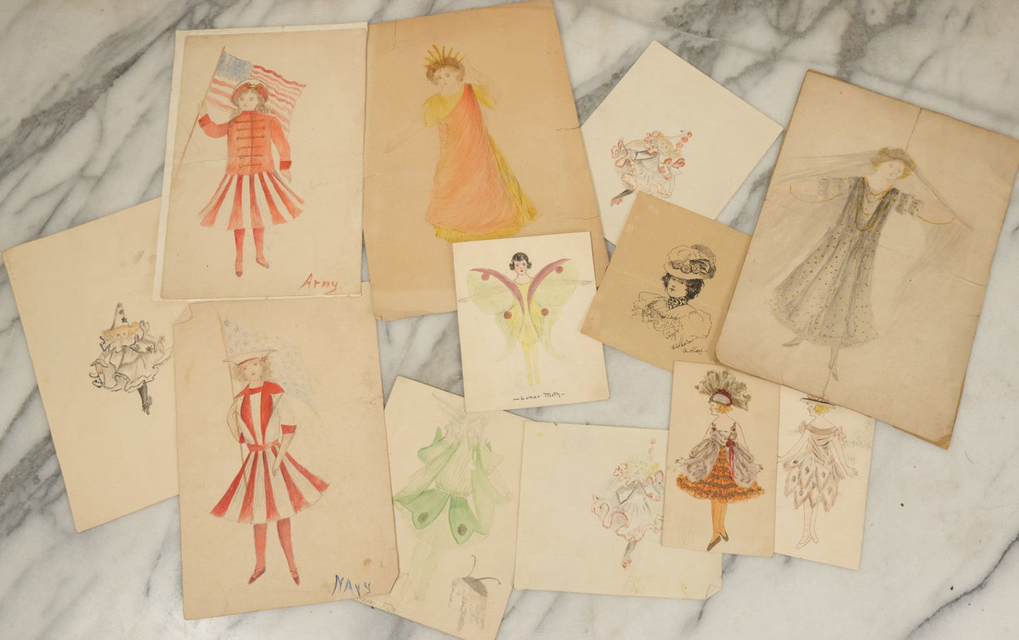 Lot 089 - Grouping Of Twelve Antique Hand Drawn Hand Painted Watercolor Costume Ideas Including Army, Navy, Statue Of Liberty, Luna Moth, And Others